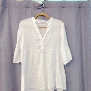Linen blouse. White half-button up. Tier ruffled. New without tags.  Small